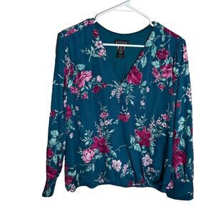 Enfocus Studio Blouse Women's XL Blue Floral V-Neck Long Sleeve Casual Shirt